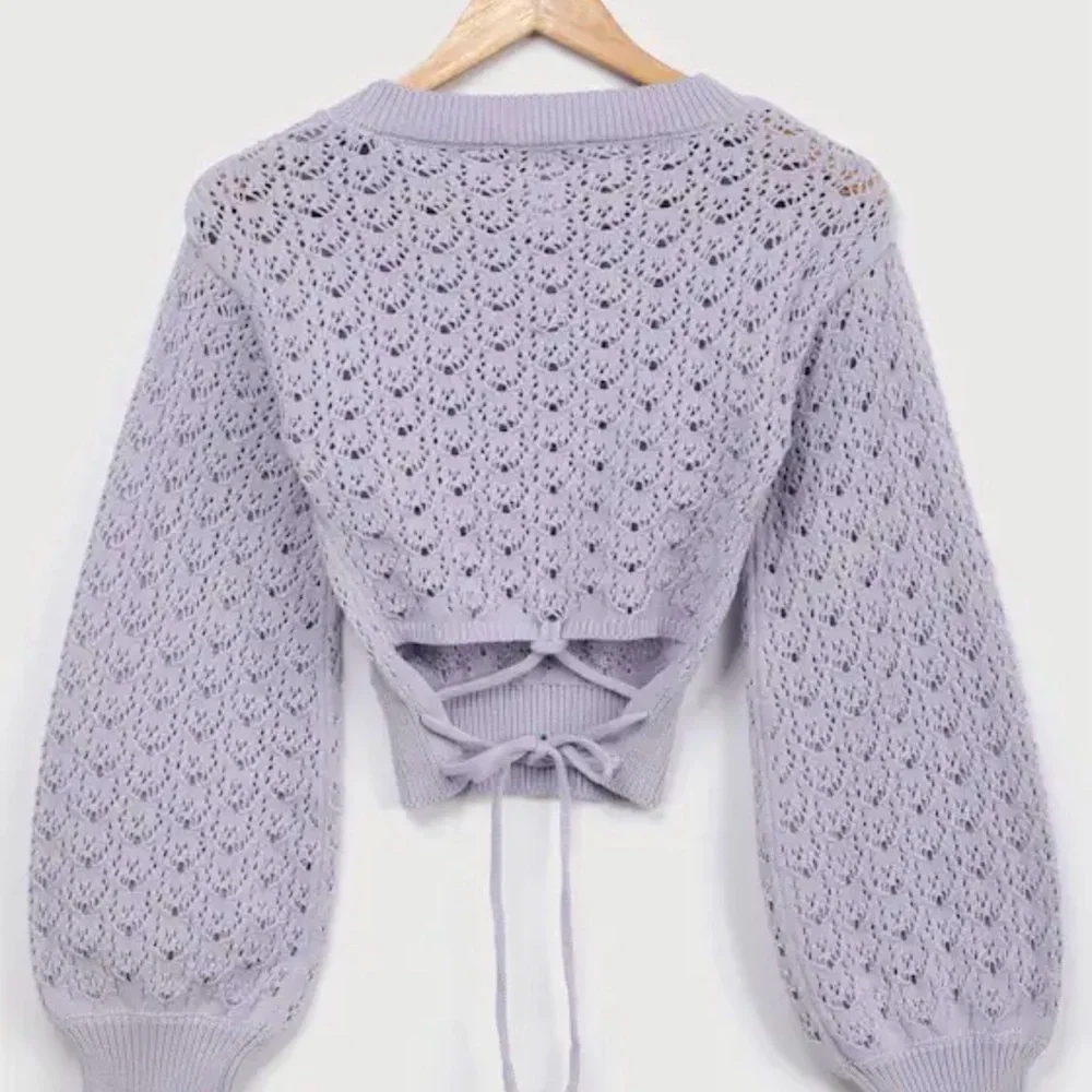 LULUS Periwinkle Lace-up Cropped Pointelle Sweater - Picture 2 of 5